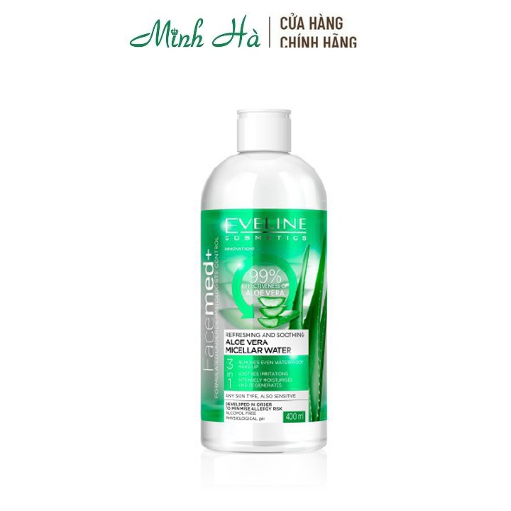 Nước tẩy trang Eveline Aloe Vera Micella Water 3 in 1 chiết xuất lô hội 400ml giúp làm dịu mát da