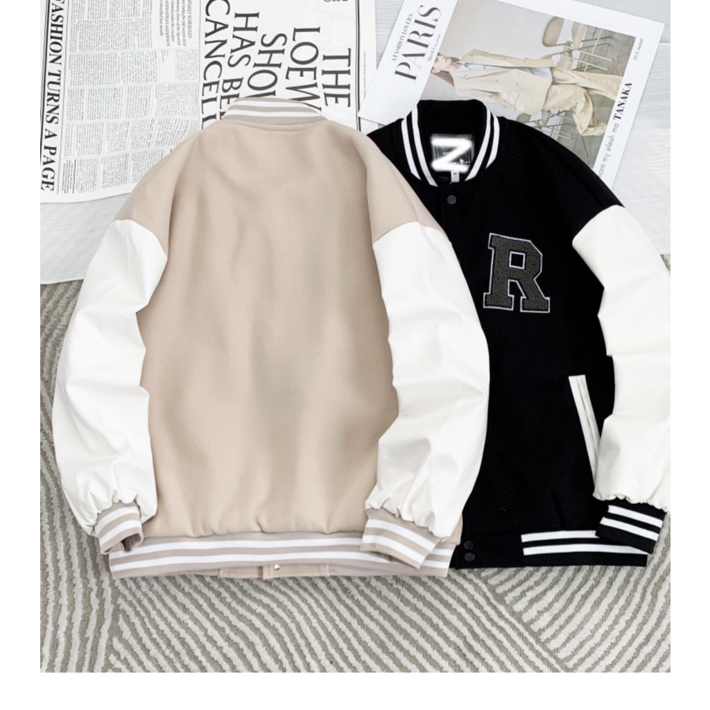 Áo Khoác Bomber Varsity Jacket Bóng Chày Thêu Chữ 𝐑 Chất Da Lộn Lót Dù Form Rộng Basic Nam Nữ Unisex Couple Ulzzang