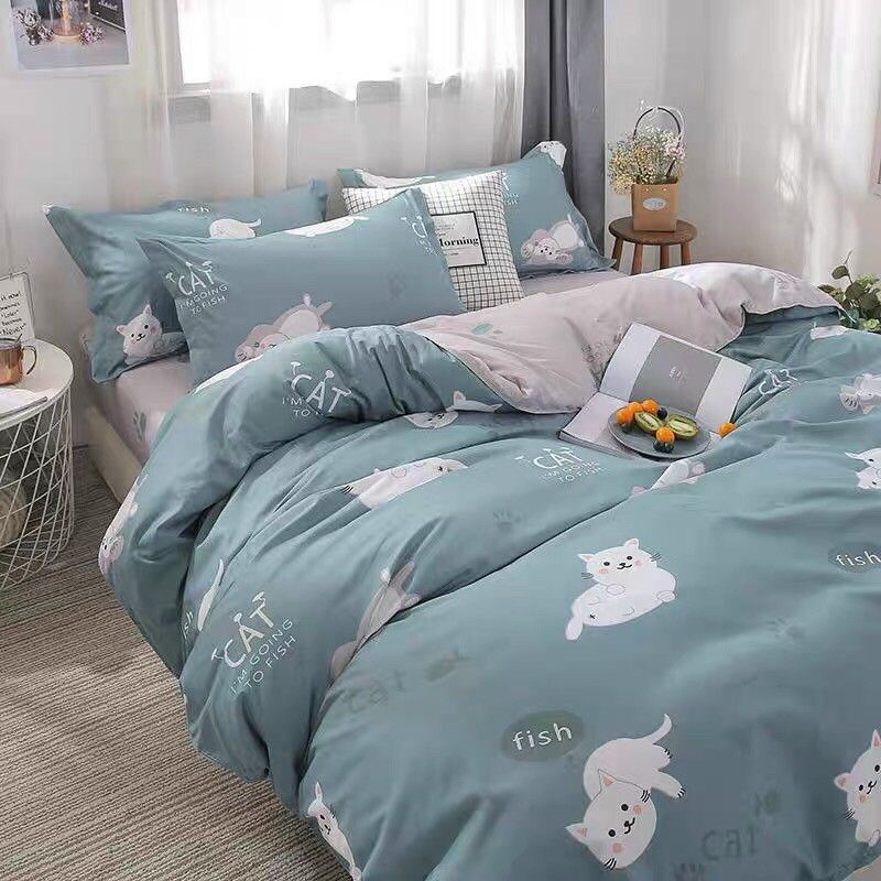 Chăn ga gối Emmibedding chất liệu cotton poly họa tiết mèo xanh ngọc đáng yêu đủ size miễn phí bo chun