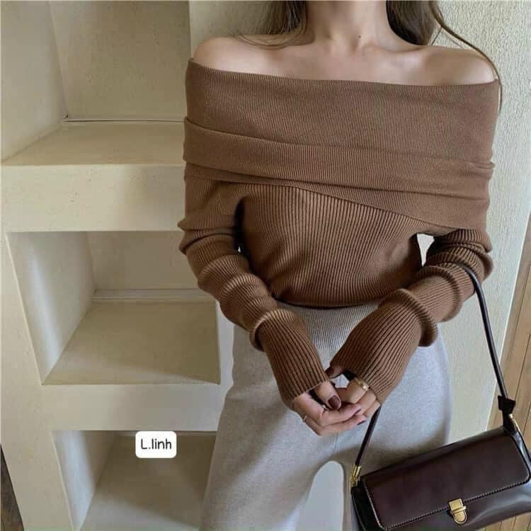 Áo nữ sexy bánh bèo chất  len tăm trễ vai chùm tay hot trend 2021
