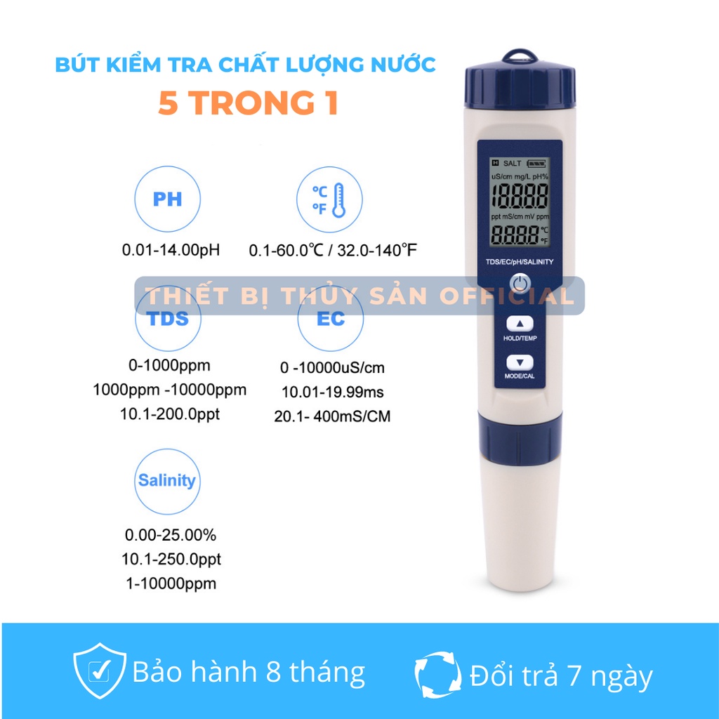 Bút đo pH nước 5 trong 1 pH/TDS/EC/nhiệt độ/độ mặn - Đã hiệu chuẩn pH, Bảo hành chính hãng (TẶNG GIẤY QUÌ TÍM)