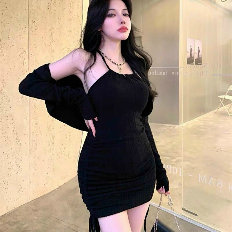 SET ĐẦM ĐEN RÚT KÈM KHOÁC - Hàng có sẵn - Kèm Ảnh thật