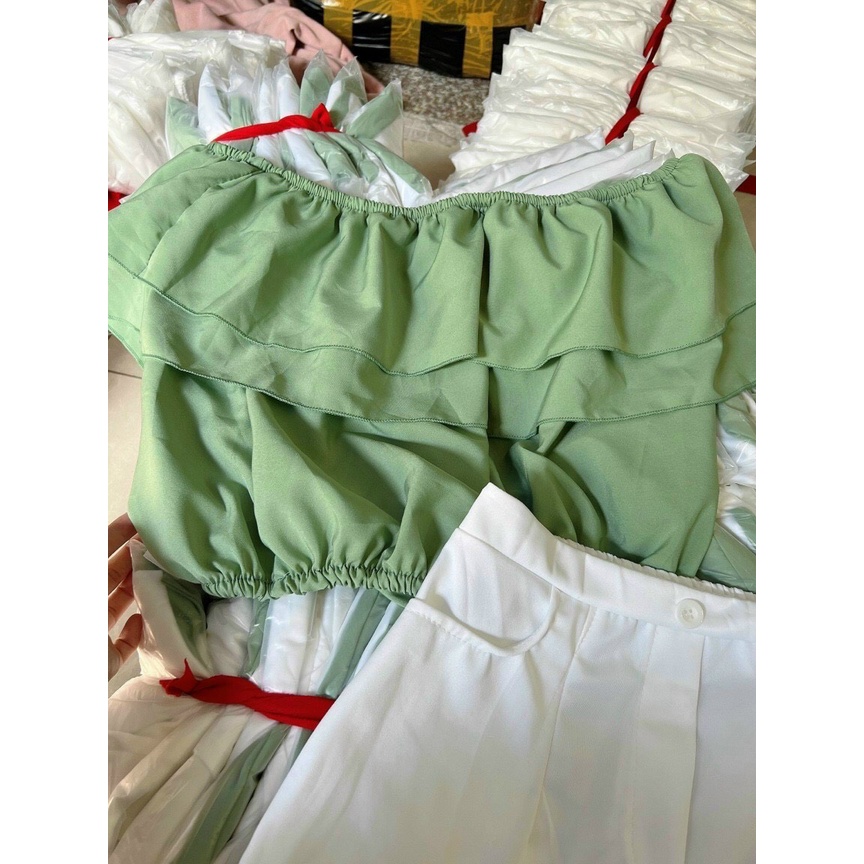 Set váy lụa áo trễ vai quần ngắn, set bộ hai món siêu xinh