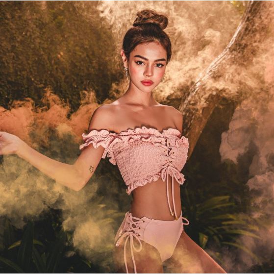 (Có sẵn,big size) Mẫu mới Bikini Hàn Quốc hai mảnh sexy, cột nơ đan dây màu Hồng, Đen phá cách