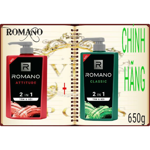 COMBO 2 CHAI TẮM GỘI ROMANO 650G ( 1 CHAI CLASSIC+ 1 CHAI ATTITUDE).