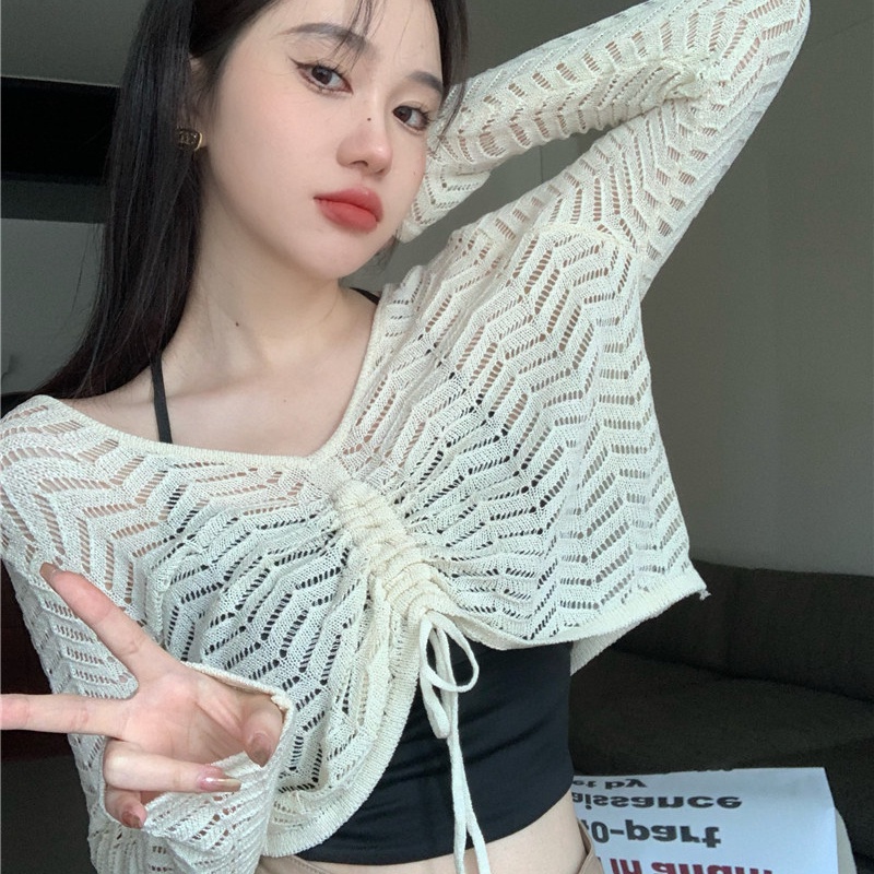 SUXI Áo Dệt Kim Tay Dài Cổ Chữ V Phối Dây Rút Màu Sắc Trơn Phong Cách Hàn Quốc Dành Cho Nữ