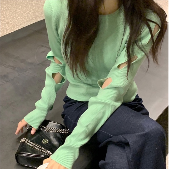 Áo dệt kim ZHELIHANGFEI tay dài khoét lỗ kiểu dáng quyến rũ cho nữ