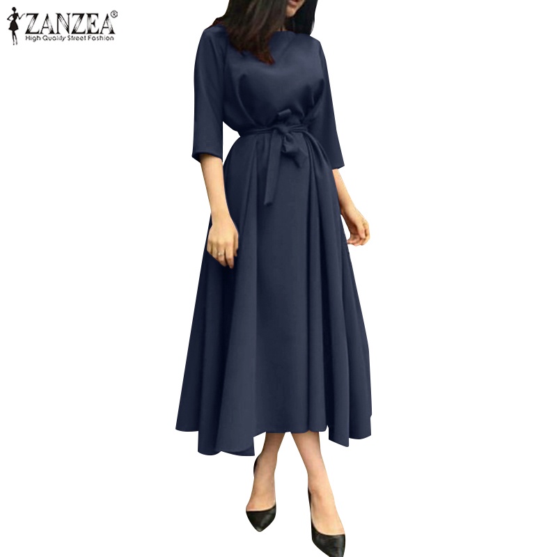 Đầm midi ZANZEA dáng chữ a tay lửng phối thắt lưng thời trang đường phố châu Âu cho nữ
