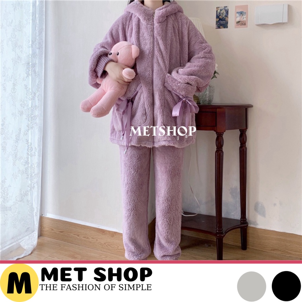 Bộ ngủ lông cừu giữ nhiệt mùa đông túi thắt nơ dễ thương ,BNL02,bộ đồ mặc nhà nhung bông mềm mịn 2 màu hồng tím - METSHO | BigBuy360 - bigbuy360.vn