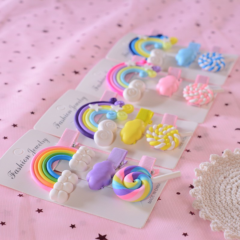 Set kẹp ghim cầu vồng, kẹo mút sắc màu cho bé gái
