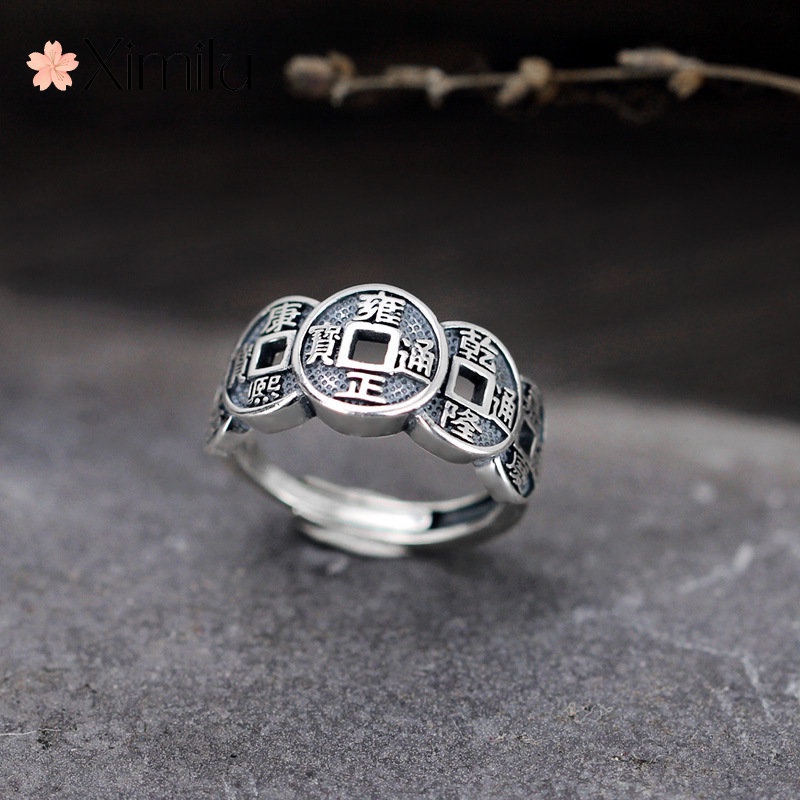 Nhẫn Bạc Thái May Mắn Hình Đồng Xu Cổ Điển Cho Nam Nữ