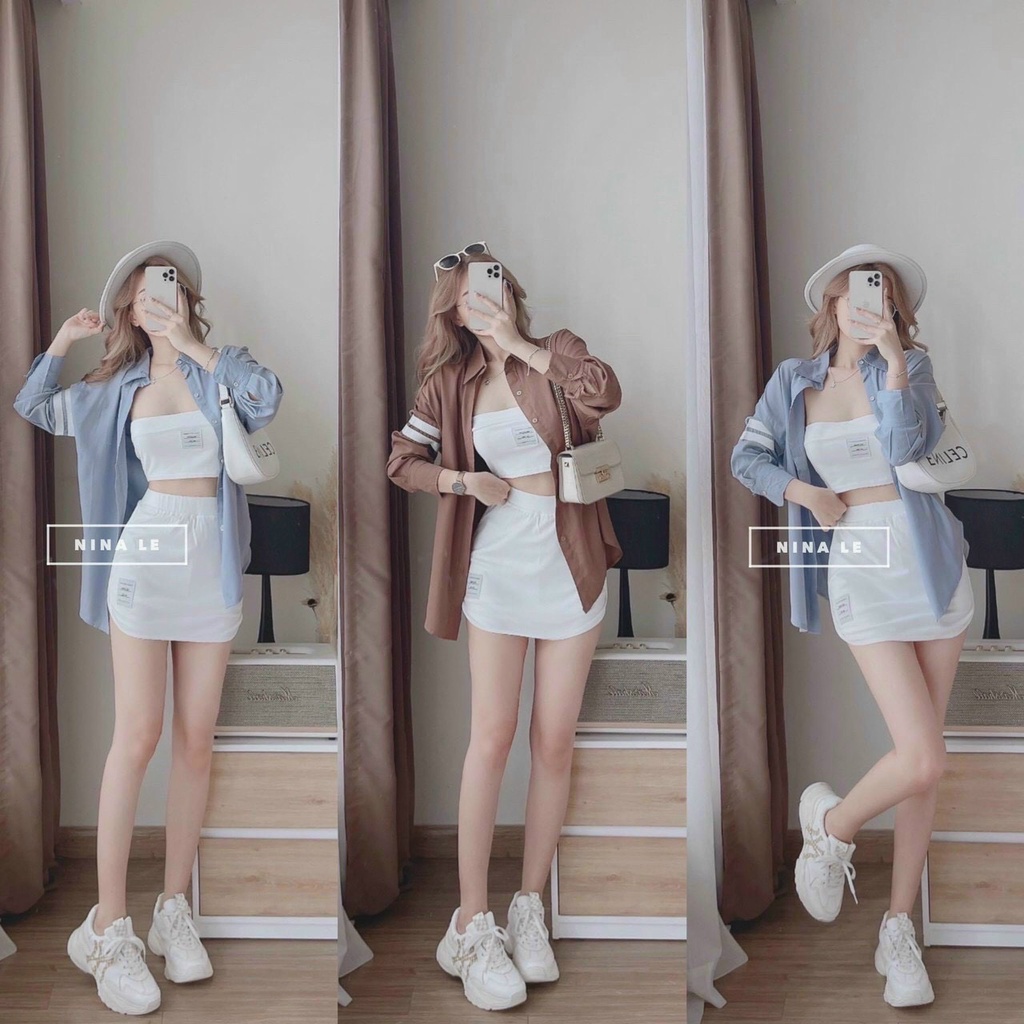 [8.8 Sales Freeship] Set bộ nữ 3 món, set váy thun áo ống ôm body kèm áo sơ mi dài from rộng phối tay 3 sọc
