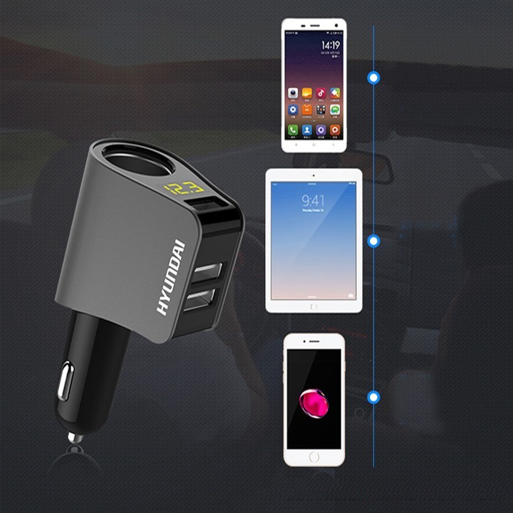 Bộ chia nguồn Huyndai 1 tẩu sạc và 3 cổng USB trên ô tô, xe hơi, xe tải, xe khách