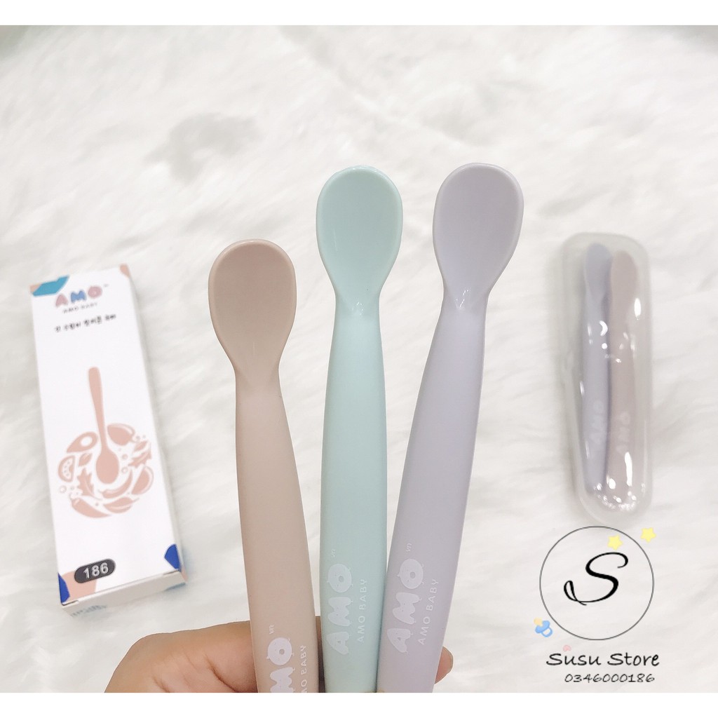 Set 2 thìa silicon có hộp cho bé ăn dặm Amo Baby