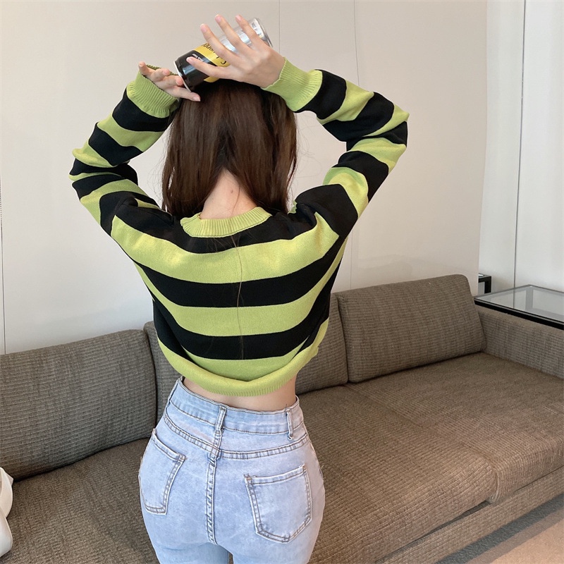 Áo len ZHELIHANGFEI tay dài dáng rộng họa tiết kẻ sọc thời trang cho nữ