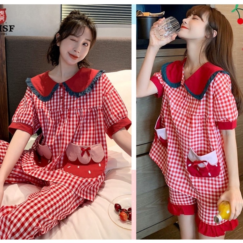 (SẴN DÀI S,L) Set bộ sọc caro cổ tròn túi quảng châu