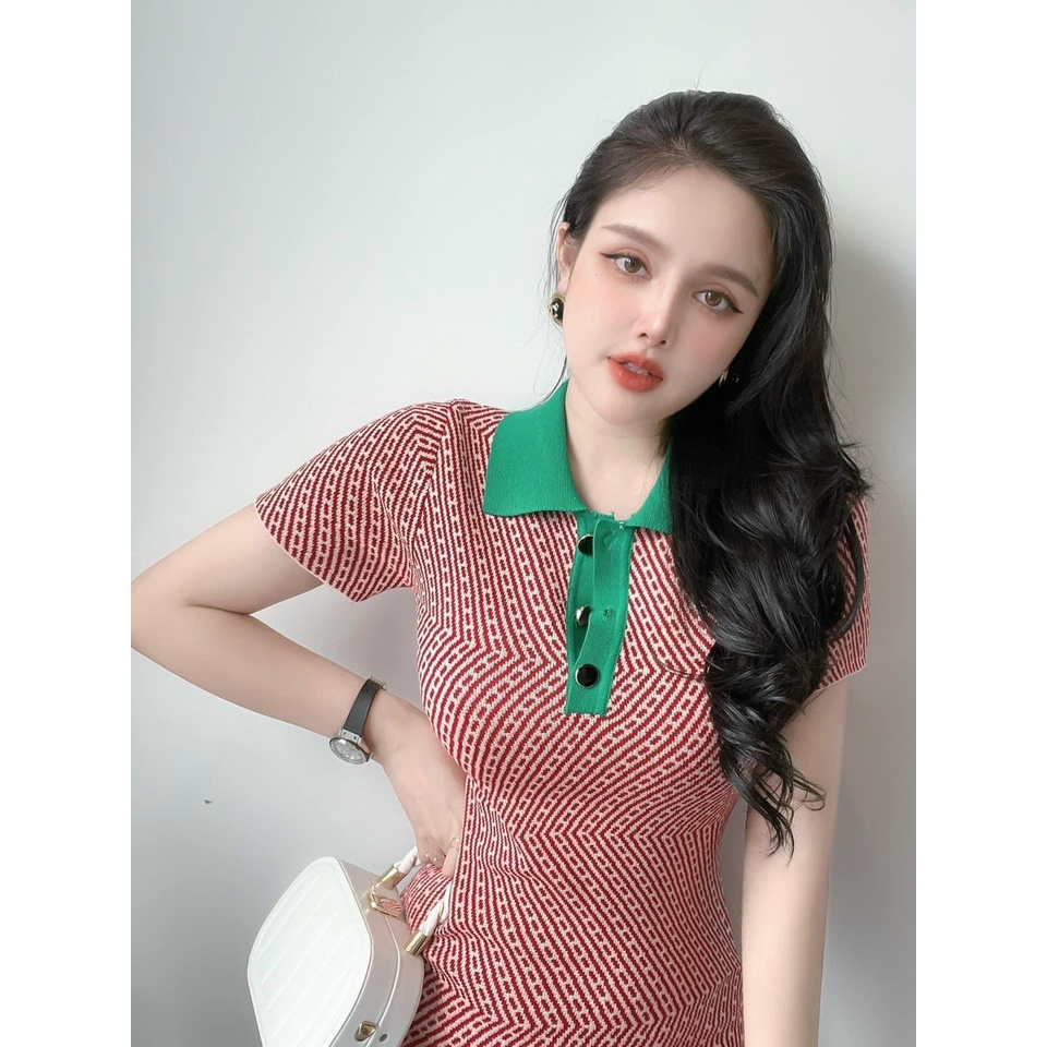 Đầm body cổ polo in họa tiết - đầm ôm nữ