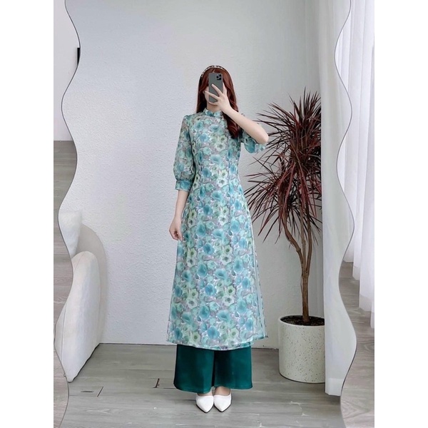 Set Áo Dài Voan Tơ Hoa 4 Tà Tay Phồng Lỡ Cách Tân