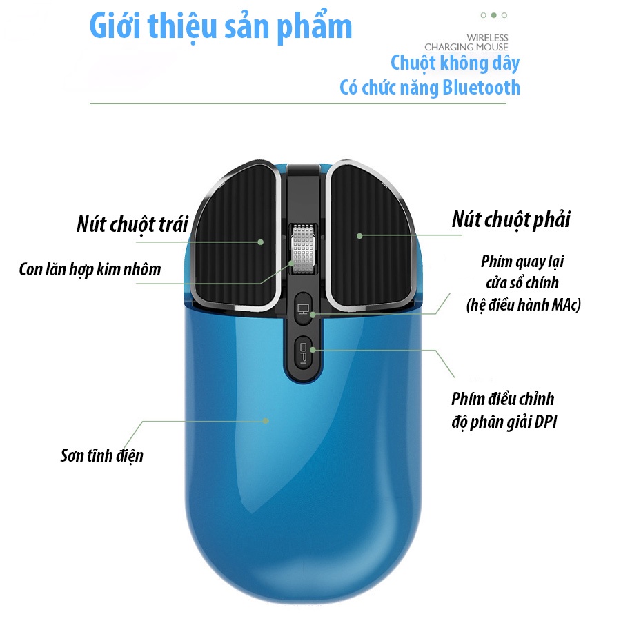 Chuột không dây wireless Bluetooth USB tự sạc pin nhỏ gọn, giảm ồn dùng cho máy tính M.a.c.OS Laptop dell hp asus
