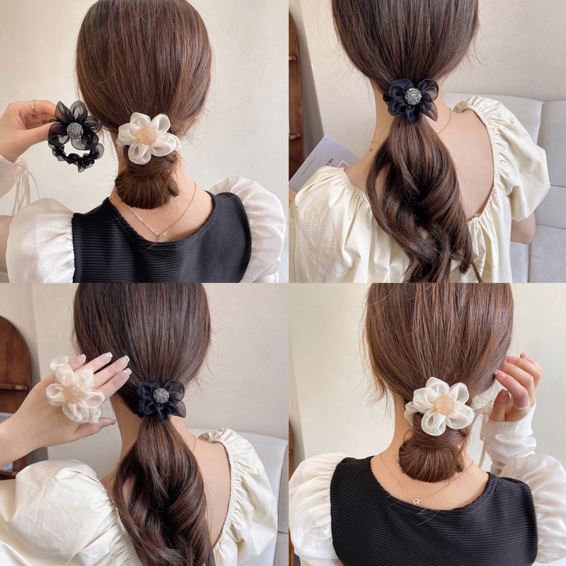 Dây Buộc Tóc Đuôi Ngựa Họa Tiết Hoa Đính Đá Dễ Thương Cho Nữ