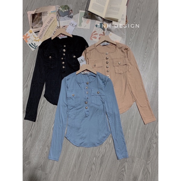 Áo thun len đính khuy vàng túi ngực mẫu mới | BigBuy360 - bigbuy360.vn