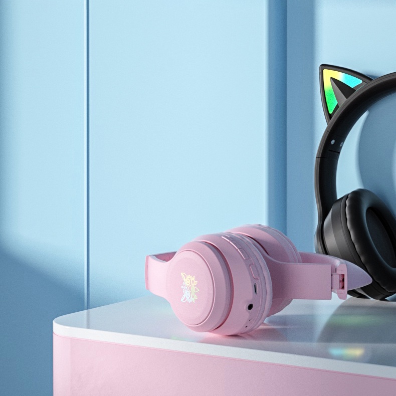 Tai nghe Gaming Bluetooth 5.0 ONIKUMA B90 Hồng Mèo Chụp tai Không dây Chơi game Có Đèn RGB, Cho máy tính PC Laptop Phone
