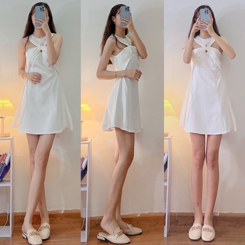 [Ảnh thật/Video]Váy nữ cổ yếm xoắn ngực dáng chữ A tiểu thư bánh bèo thời trang nữ Summer Đầm hở vai ngọt ngào