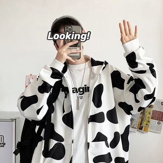 Áo Khoác Khóa Kéo Có Nón In Hình Bò Sữa Thời Trang Dành Cho Nam Và Nữ