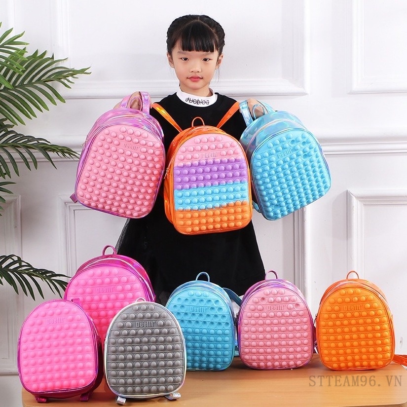Giao hàng 24h!2022 cầu vồng Pop It Fidget Balo, Nam nữ Cặp đi học trẻ em, Push Bubble Sensory Đồ chơi