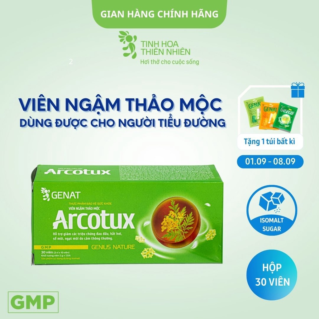 Viên ngậm thảo mộc Arcotux (30 viên) Đường Isomalt - hỗ trợ giảm sổ mũi, hắt hơi do cảm thông thường - GENAT