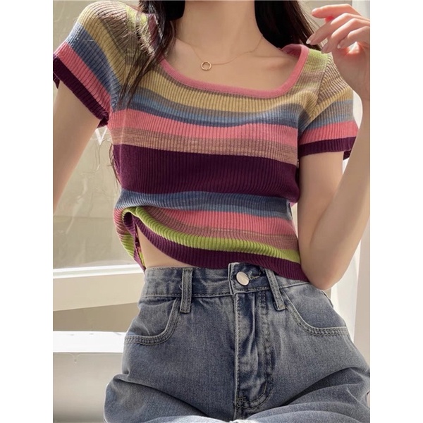 áo len dệt kim loang màu cầu vồng (k307#)