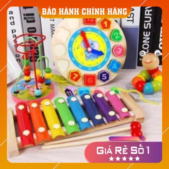 Combo 4 món: 1 Đàn gỗ 8 thanh Xylophone (thường); 1 Đồng hồ gỗ; 1 Sâu gỗ; 1 Luồn hạt gỗ