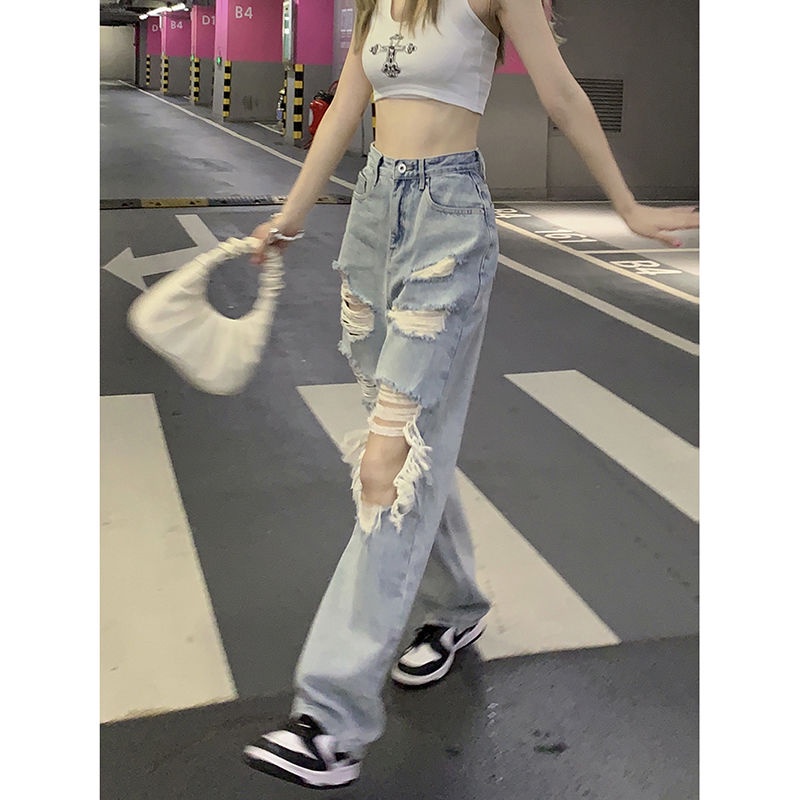 Jiashucheng Quần Denim Ống Rộng Rách Gối Thời Trang Mùa Hè Phong Cách Hàn Quốc Cho Nữ