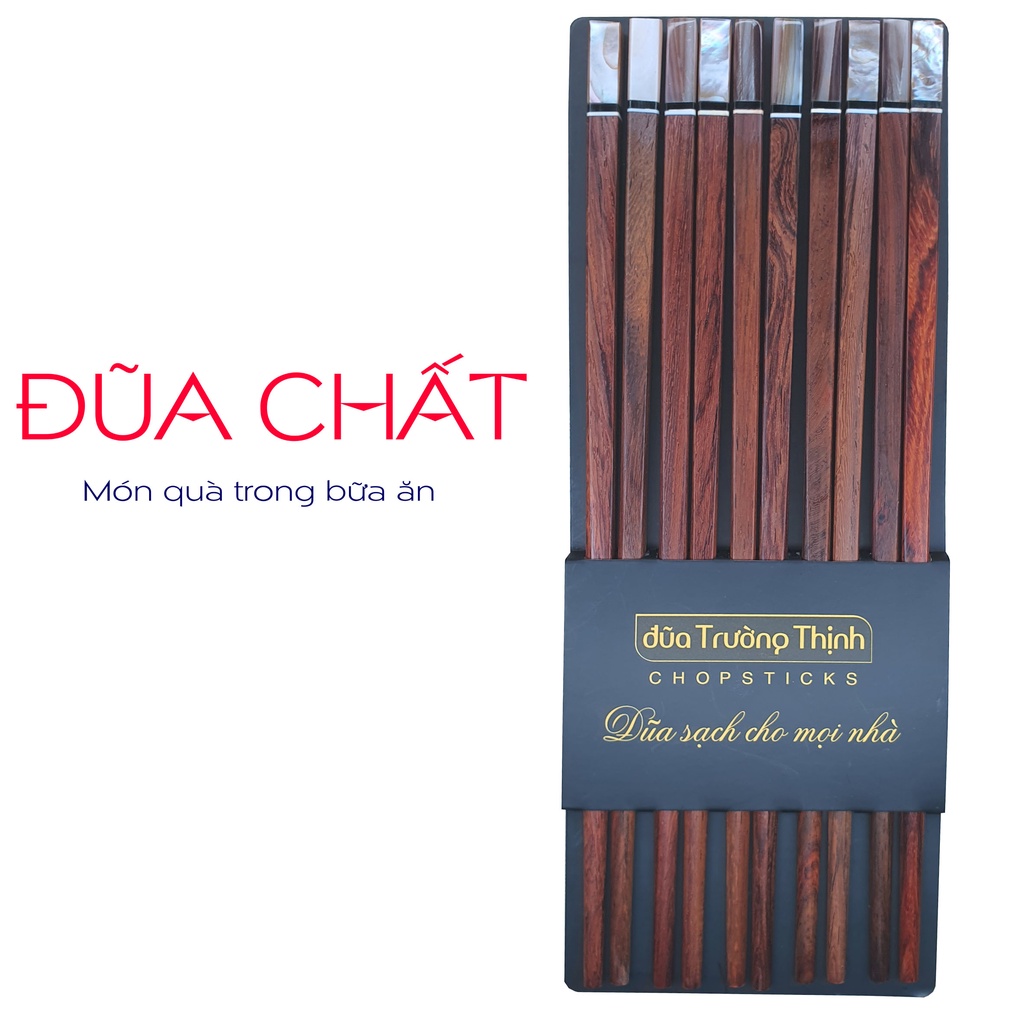 Đũa Gỗ Trắc Thương Hiệu TRƯỜNG THỊNH Đầu Gắn Ngọc Màu Hồng - Hộp Màu Đen - 10 Đôi Vuông