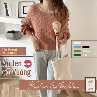 Hàng sẵn_áo len cổ vuông bện thừng dáng ngắn