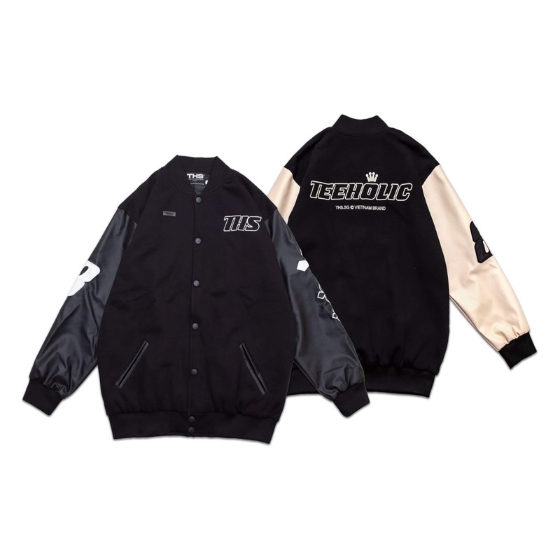 Áo khoác varsity nỉ tay da unisex teeholic màu đen tay da kem varsity jacket bomber local brand