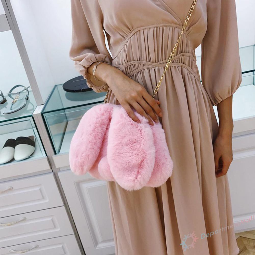 Túi xách messenger đeo vai dây xích hình tai thỏ nhồi bông 1 màu thời trang thu đông cho nữ