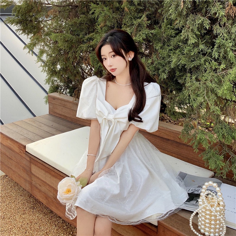 ❤Váy babydoll Đầm Tay Phồng Chiết Eo Phong Cách Retro Pháp Thời Trang Mùa Hè Xinh Xắn Cho Nữ