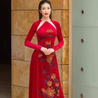 Áo dài dạ hội dự tiệc💕Áo dài Nhung Đỏ đẹp say mê phối xẻ voan lưới quyến rũ💯 thêu tay 🧶 Pha Lê 💎 cao cấp