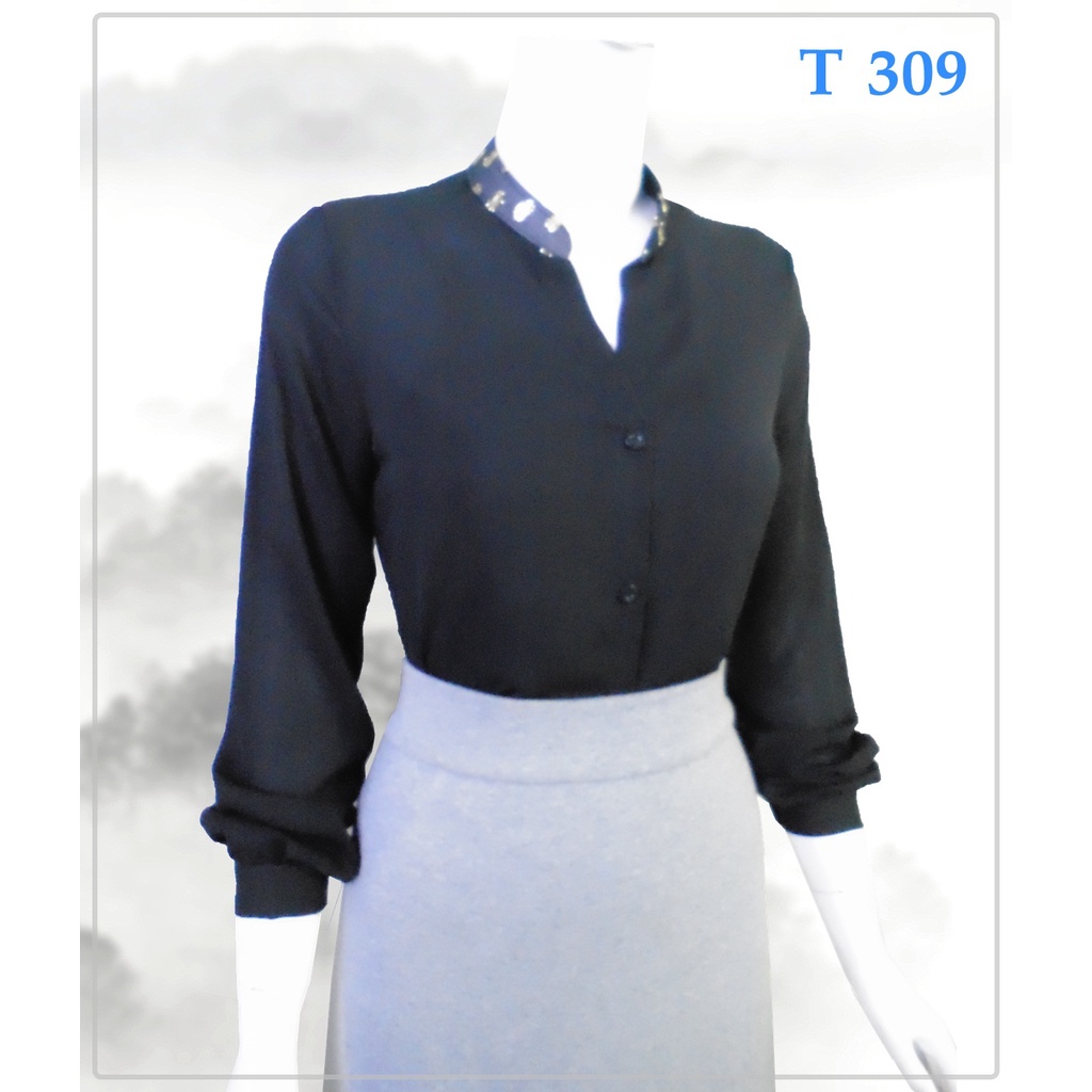Áo somi cổ trụ, tay dài, màu đen phối ren, voan _ T 309 263