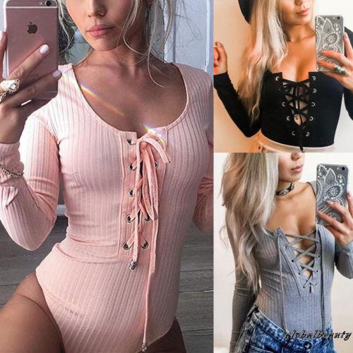 ☛✈ღWomens Bodycon Bodysuit V Neck Long Sleeve Bandage Jumpsuit Romper Leotard Top