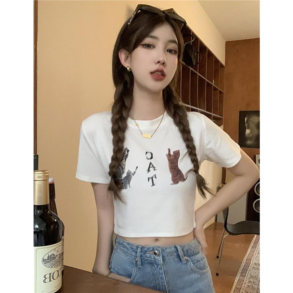 Áo Thun Ngắn Tay In Hình Mèo Phong Cách Retro Cá Tính 63402