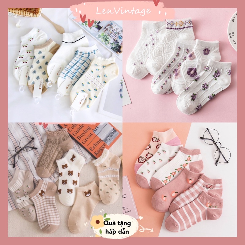 Combo 5 đôi tất cổ ngắn vintage phối giày retro kiểu Nhật harajuku sinh viên ulzzang oxford cotton converse lenvintage