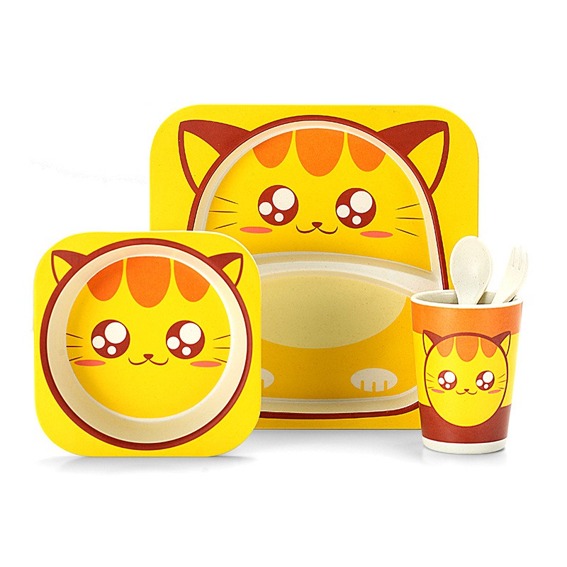 Bộ Dụng Cụ Ăn Uống Bằng Sợi Tre Họa Tiết Khủng Long Hoạt Hình Cho Bé