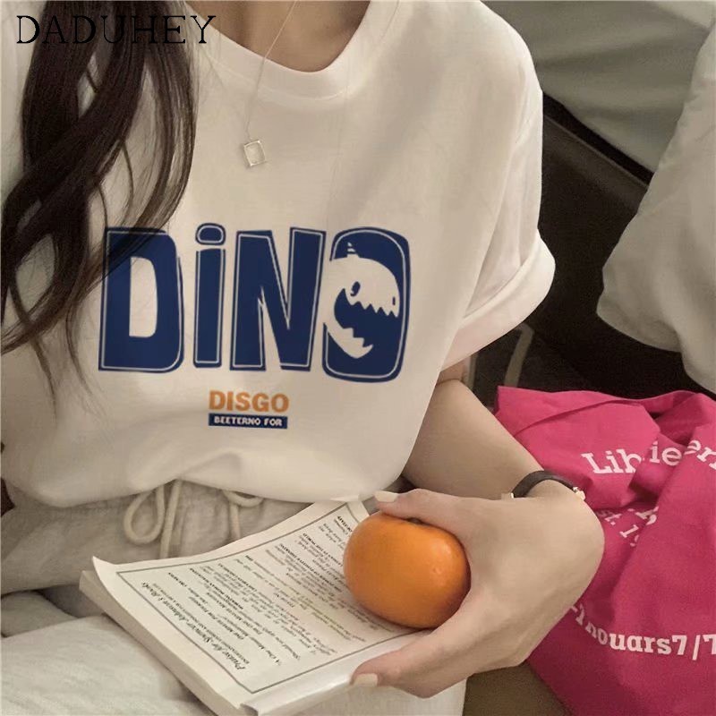 DaDuHey💕 White Shoulder Short Sleeve T-shirt Women's Trendy Summer 2021 New Loose Harajuku Style Half Sleeve Top Printed Tee