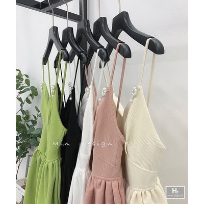 Váy đầm 2 dây cài tag nơ ngọc xếp ly xoè