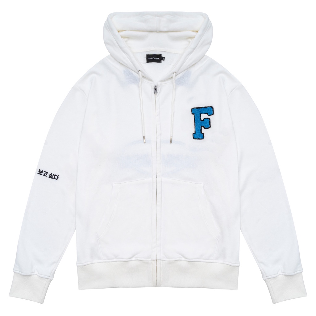 Áo khoác Hoodie Zip Fusionism Thêu Logo Ngực / Màu Trắng / Unisex Nam Nữ