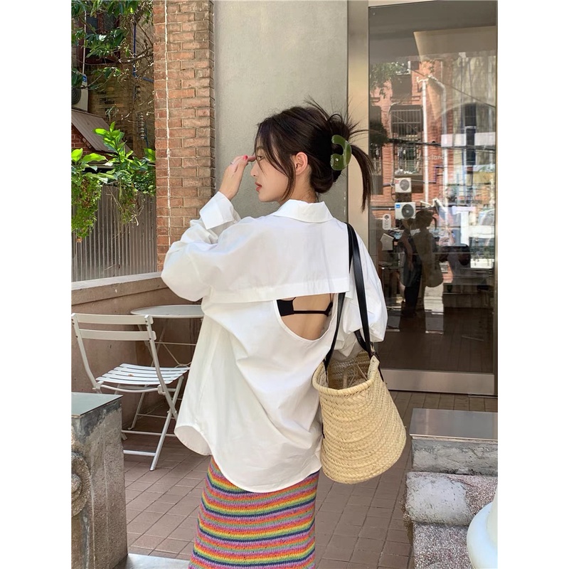 𝗺𝗶𝗲 𝘀𝘁𝘂𝗱𝗶𝗼 - Sơ mi cổ bẻ trơn freesize dài rộng khoét lưng độc đáo