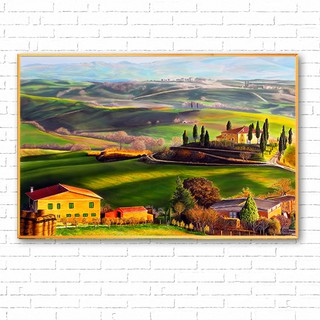 Tranh treo tường  - Phong cảnh làng quê châu âu ca143- Vải canvas kim tuyến -Công nghệ in UV-  Khung viền composite