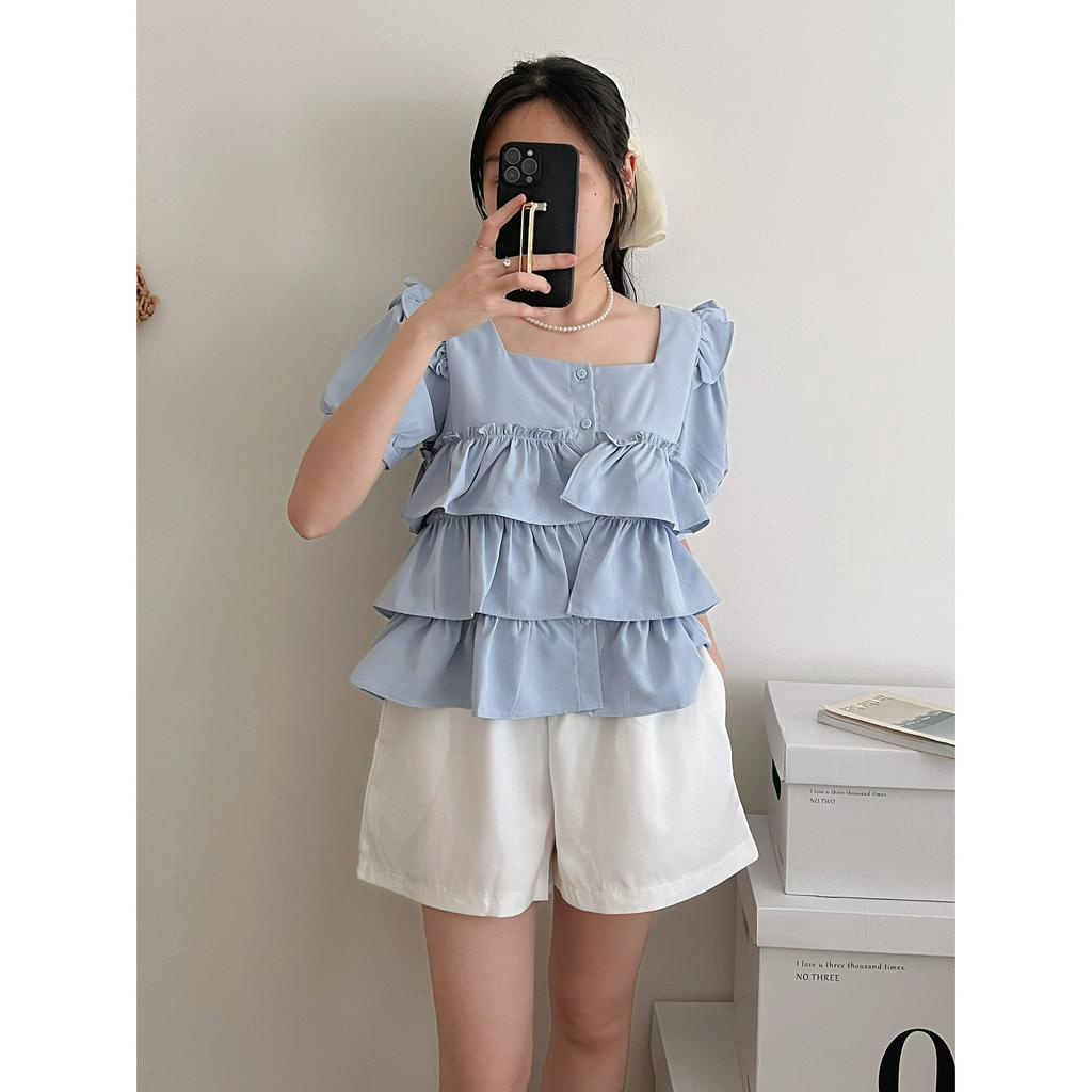 Áo sơ mi cổ vuông chất thô mát bèo tầng, áo kiểu babydoll xinh